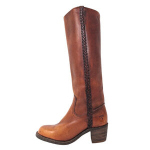 FRYE Vintage 70s Sabrina Braided Tall Leather Cognac Brown Boots 6